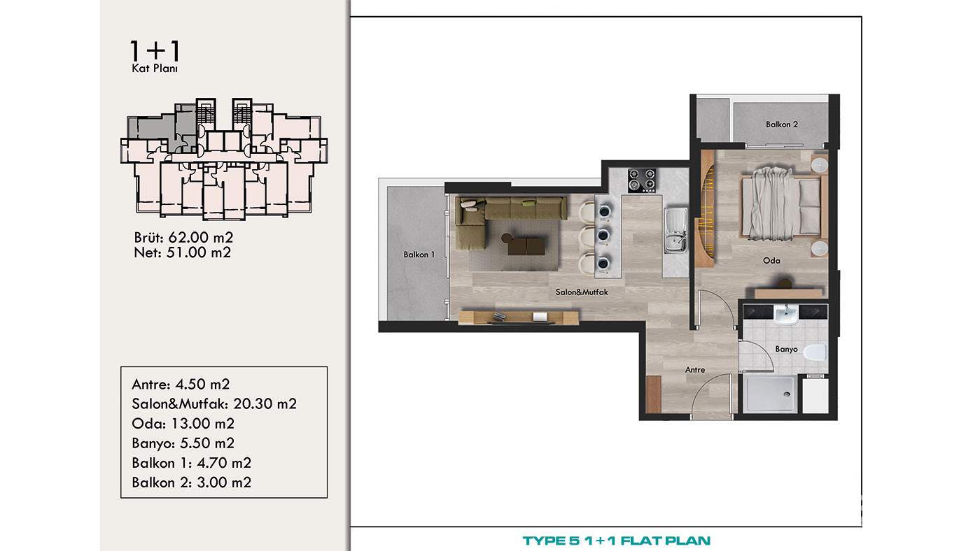 New Complex of 1+1 Flats in a Central Yenişehir Area, Mersin - 95664
