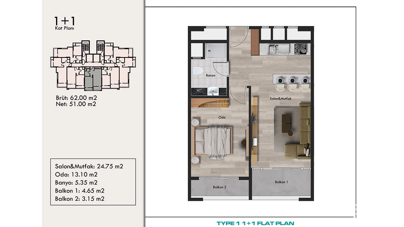 New Complex of 1+1 Flats in a Central Yenişehir Area, Mersin - 95668